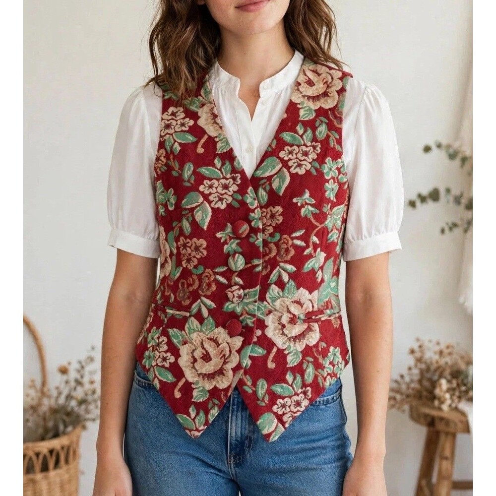 Vintage Floral Tapestry Vest Petite Small Red Waistcoat 90s Gloria Vanderbilt